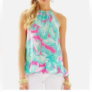 Lilly Pulitzer 100% Silk Millie Halter Tropical Sands Tank Top Size XS